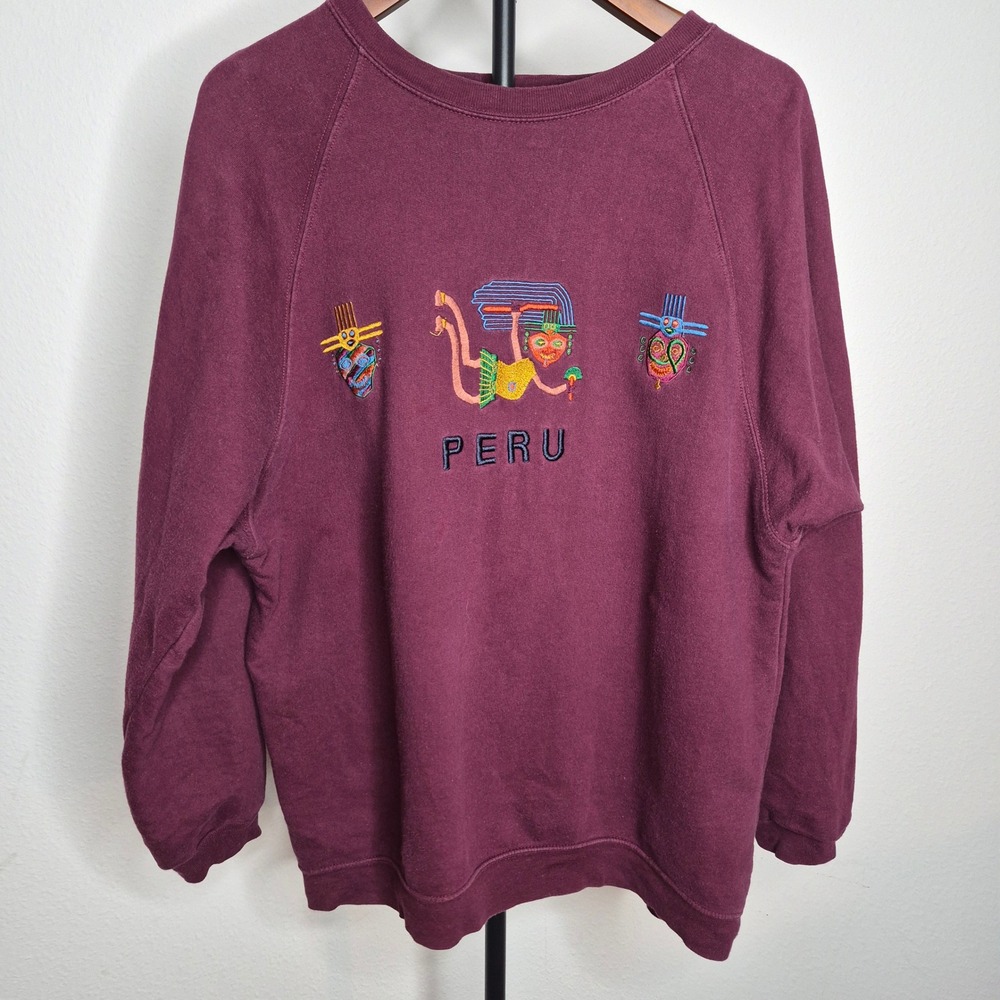 Vintage 90s The Limited Peru Sweatshirt Maroon Embroidered Cotton Crewneck M